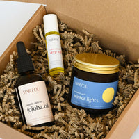 winter nights gift box jojoba oil candle sleep well roll-on